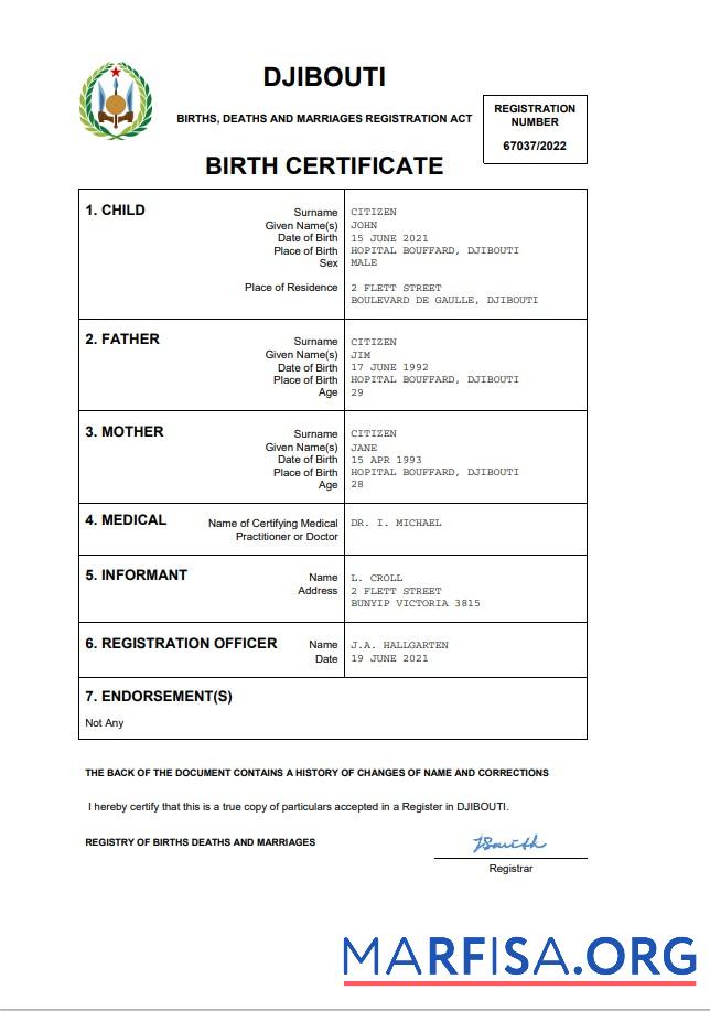 Printable Djibouti birth certificate Word and PDF template